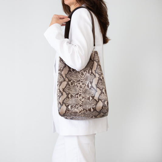 leather bucket bag snake print