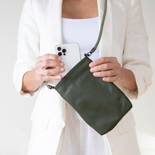 leather mobile bag green